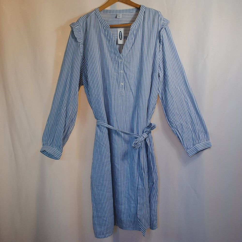 Women's Light Blue Chambray Stripe Button Belted Tie Cami Shirt Dress (L)